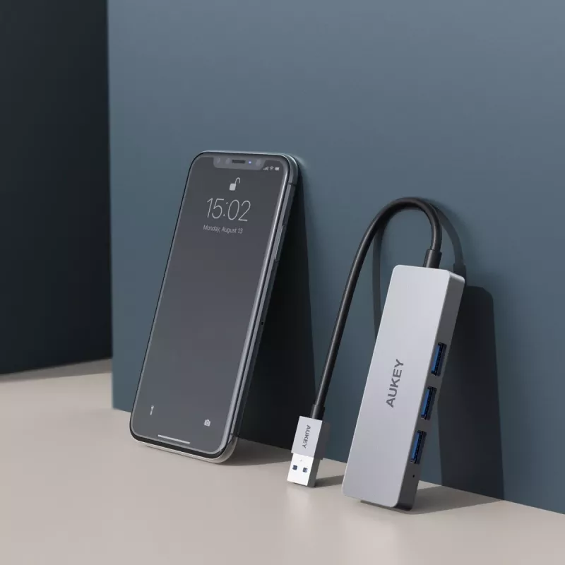 USB šakotuvas Aukey CB-H36 – 4 prievadai USB 3.2 Gen 1 Type-A, pagrindinis USB 2.0, 5000 Mbit/s, aliuminis sidabrinis