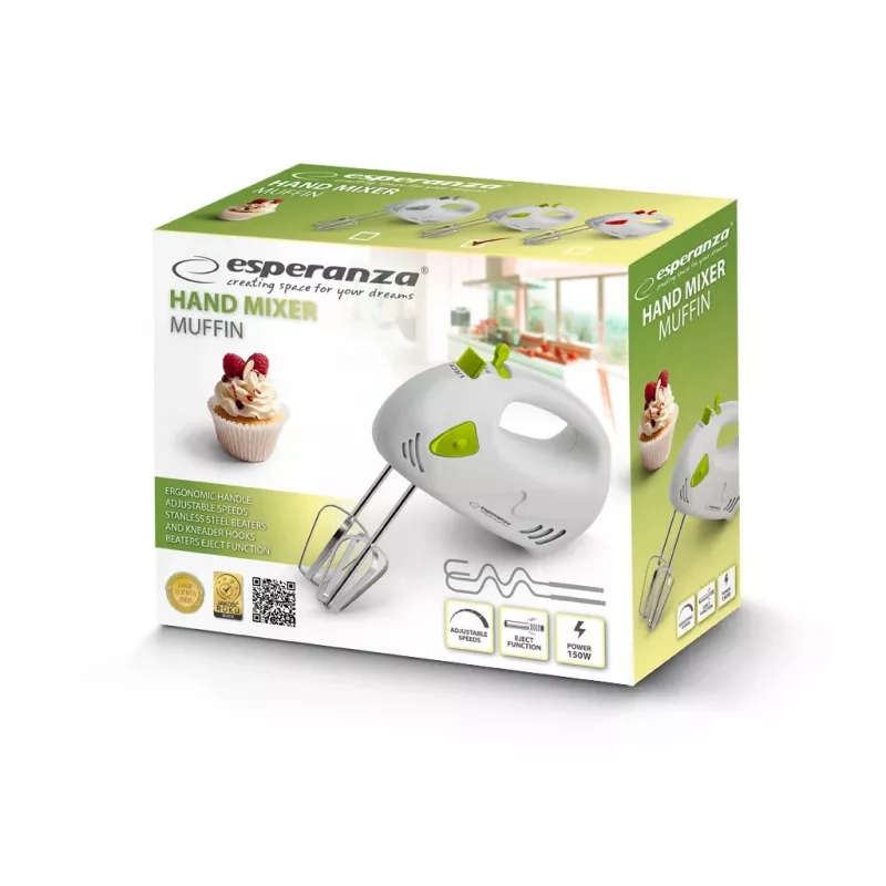 Rankinis plaktuvas ESPERANZA EKM007G – 150 W, 7 greičių, plaktuvas, ergonomiška rankena, 1,1 m laidas, žalia/balta