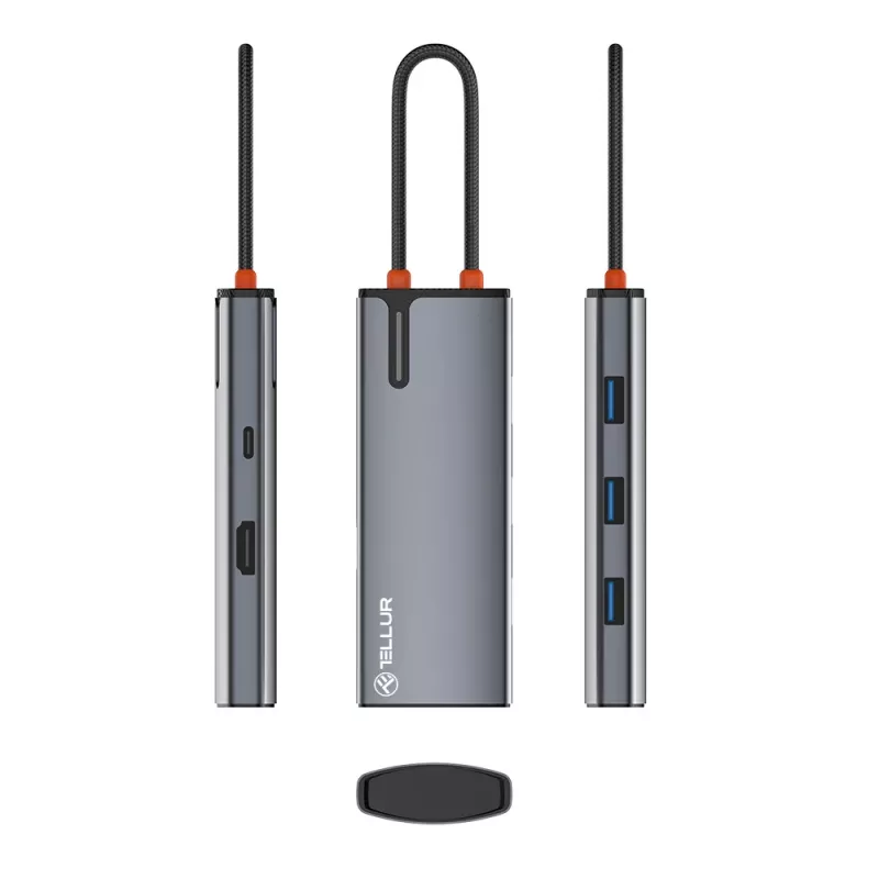USB-C centrinis įrenginys Tellur TLL321061 su PD 3.0 100W, HDMI išėjimu ir 3× USB 3.0 prievadais