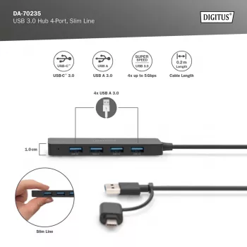 USB šakotuvas Digitus DA-70235, 4 prievadai, USB 3.2 Gen 1, Type-A ir Type-C, 12000 Mbit/s