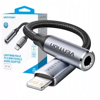 Garso adapteris Vention Lightning į 3,5 mm BMBHA, laidinis adapteris su 0,1 m kabeliu, pilkas