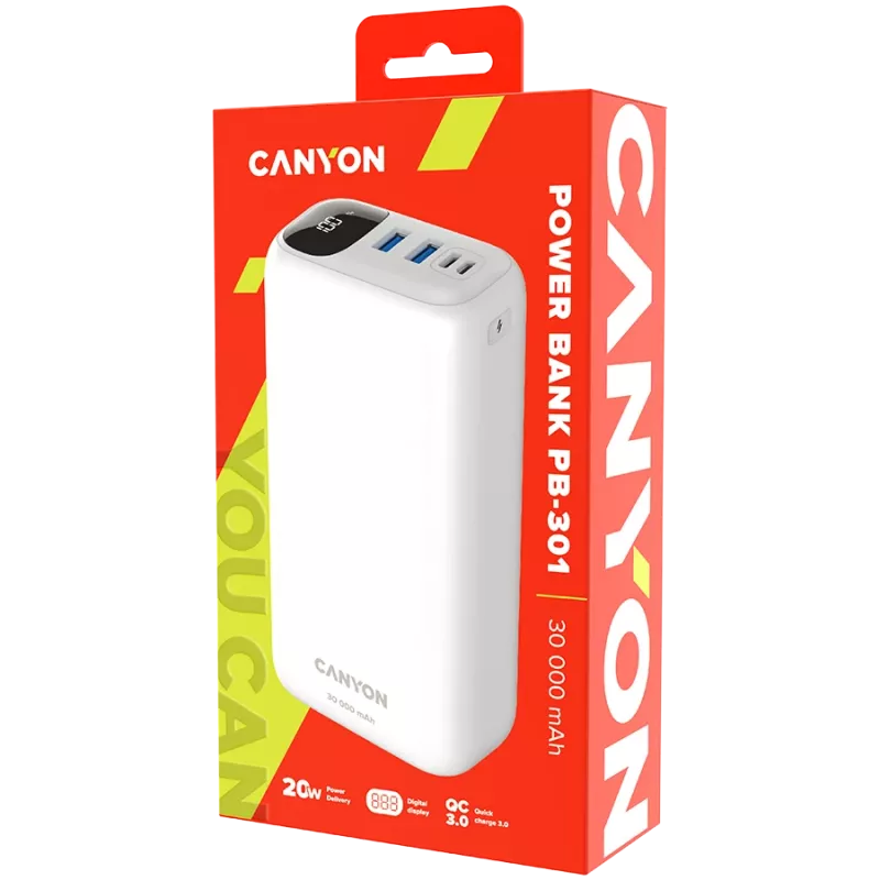 CANYON PB-301 30000 mAh PD 20W QC 3.0 Baltas