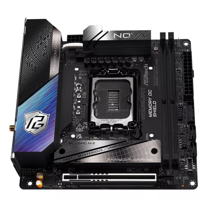 Pagrindinė plokštė ASRock Phantom Gaming Z890I Nova WiFi — Intel Z890, LGA 1851, mini ITX, DDR5, 2x M.2, Wi‑Fi 6E/7, 5Gb LAN, Thunderbolt