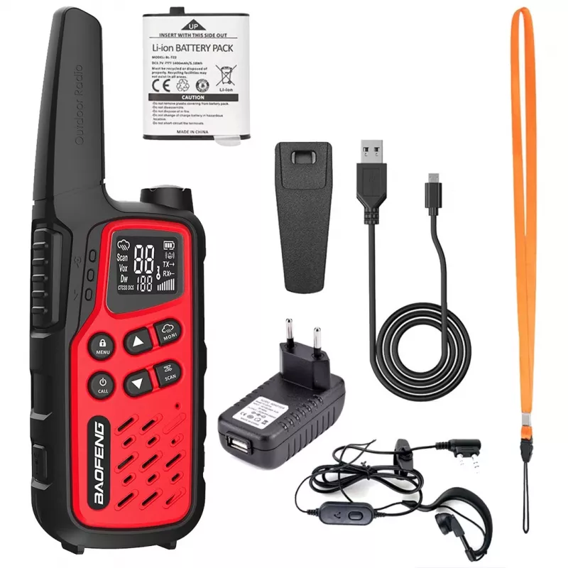 Nešiojama racija Baofeng BF-T25E — 16 kanalų, 0,5 W, Li-Ion 1400 mAh, 2 vnt. komplektas (raudona)