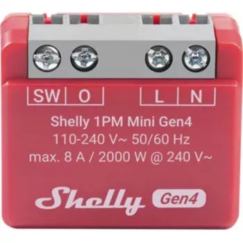 „Shelly 1PM Mini Gen4“ išmanusis jungiklis, belaidis, 110–240 V AC, 8 A / 2000 W, plastikinis korpusas 34×16×29 mm