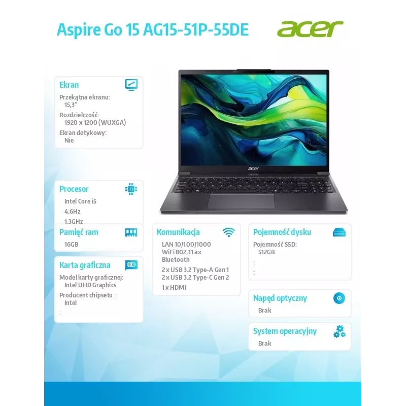 Nešiojamas kompiuteris Acer Aspire Go 15 AG15-51P-55DE i5-1334U 15.3 WUXGA, 16GB, 512GB SSD, be OS
