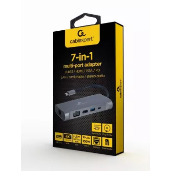 Gembird A-CM-COMBO7-01 nešiojamojo kompiuterio dokas / prievadų replikatorius USB 3.2 Gen 1 (3.1 Gen 1) Type-A Pilka