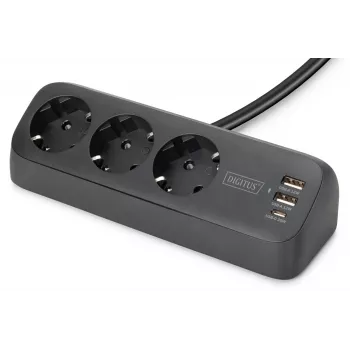 Maitinimo juosta DIGITUS 3 kištukiniai lizdai su 2×USB-A ir 1×USB-C, 1,5 m laidas, juoda