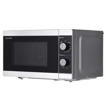 Kombinuota mikrobangų krosnelė Sharp YC-MG01E-S — 20 L, 800 W mikrobangos, 1000 W grilis, 5 galios lygiai, sukimo valdiklis, 25,5 cm padėklas