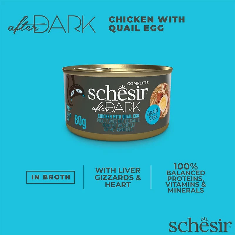 Šlapias kačių ėdalas Agras Pet Foods Schesir after Dark Complete Brühe 80 g – vištiena, be glitimo, suaugusioms katėms