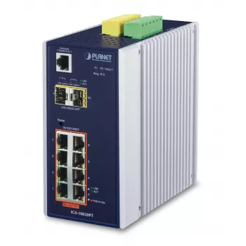 PLANET IGS-10020PT valdomas PoE komutatorius – 8x Gigabit PoE + 2x SFP, 130 W, montuojamas ant bėgelio