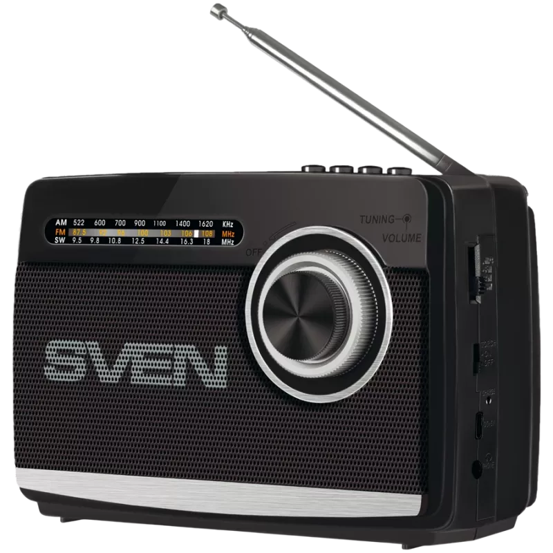 Nešiojamas garsiakalbis SVEN SRP-155, juodas (3W, Bluetooth, FM/AM/SW, USB, microSD, žibintuvėlis, baterija)