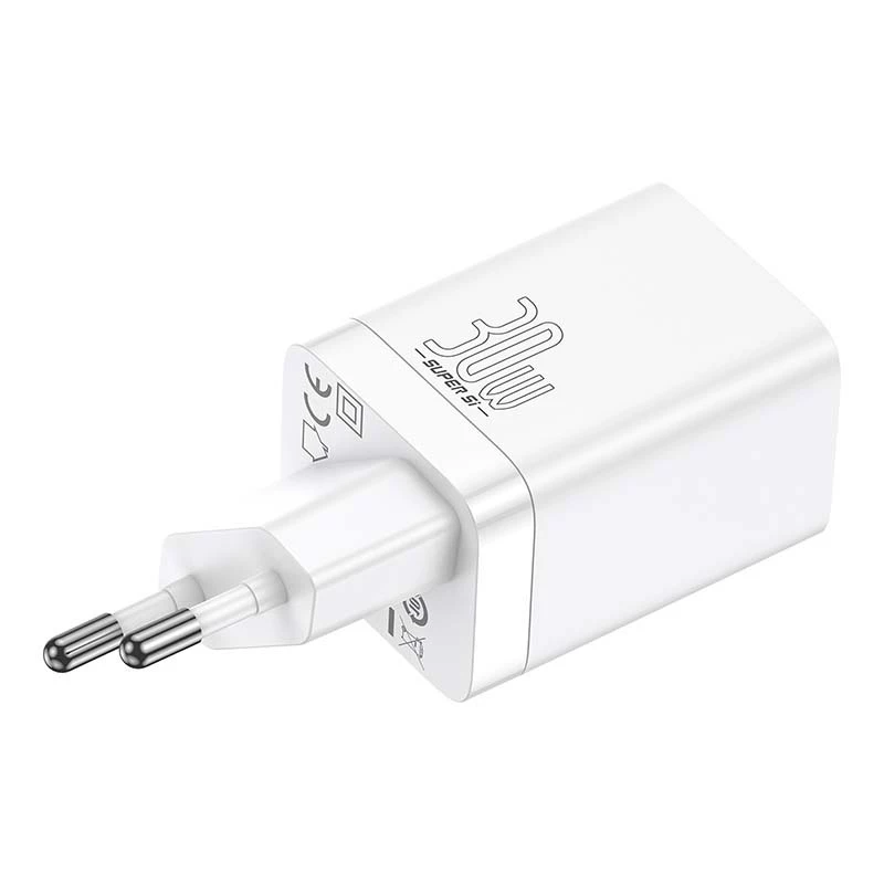 Baseus Super Si Pro greitasis įkroviklis USB + USB-C 30W (baltas)