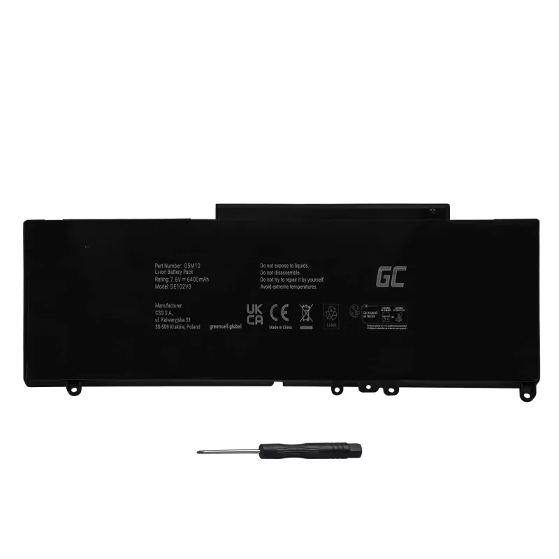 Baterija Green Cell DE102V3, skirta DELL Latitude E5250 E5450 E5550, 7,6 V 6200 mAh LiPo, juoda