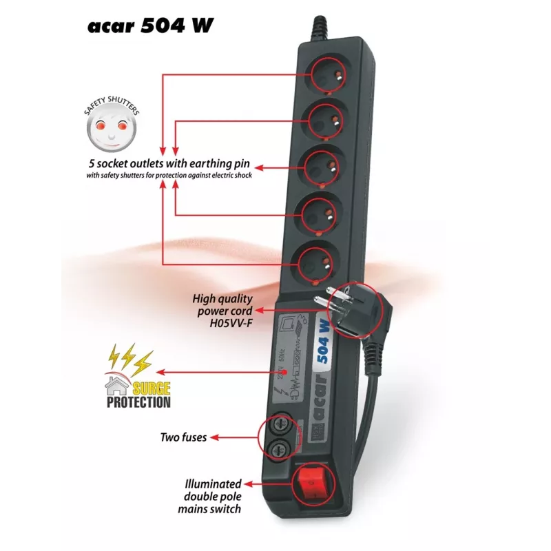 Acar 504WF apsauginis ilgintuvas nuo viršįtampių ir EMI/RFI trikdžių, 3 m