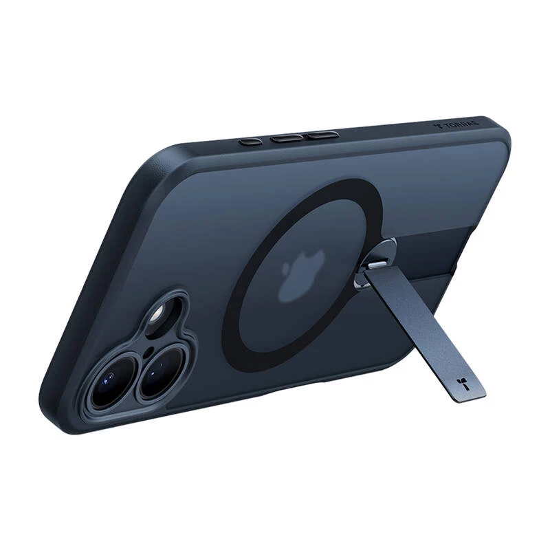 Apsauginis dėklas Torras Pstand Spin iPhone 16 Plus – juodas, sulankstomas stovas, plona apsauga