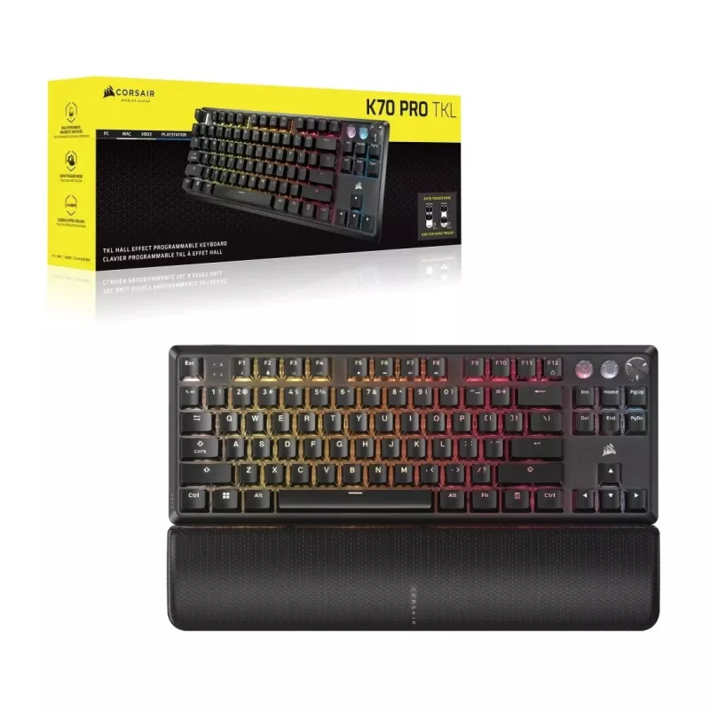Mechaninė klaviatūra be skaičių bloko CORSAIR K70 PRO TKL — RGB foninis apšvietimas, kompaktiškas išdėstymas