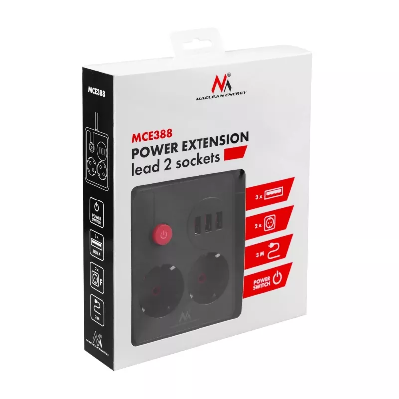 Maitinimo blokas MACLEAN MCE388 B – 2 AC lizdai, 3×USB A, 110–120V 50/60Hz, 2500W, 3 m laidas, juodas