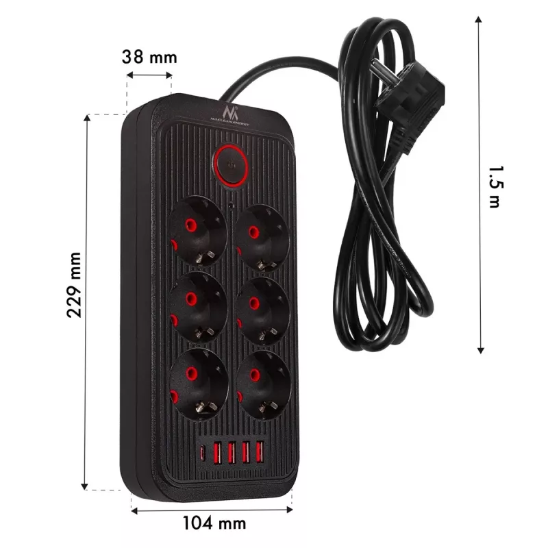 Maitinimo blokas MACLEAN MCE389 B — 6 lizdai, 4×USB-A + 1×USB-C, 110–240V, 2,1A, 2500W, 1,5 m laidas, juodas