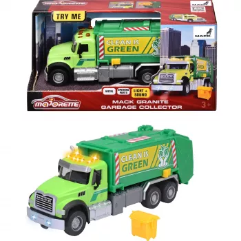 Žaislinis automobilis Majorette Mack Granite šiukšliavežis modelis 213743007, liejamo metalo mastelio žaislas