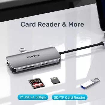 USB-C Hub Unitek D1122A01 su 2x HDMI 4K ir 100W maitinimo tiekimu