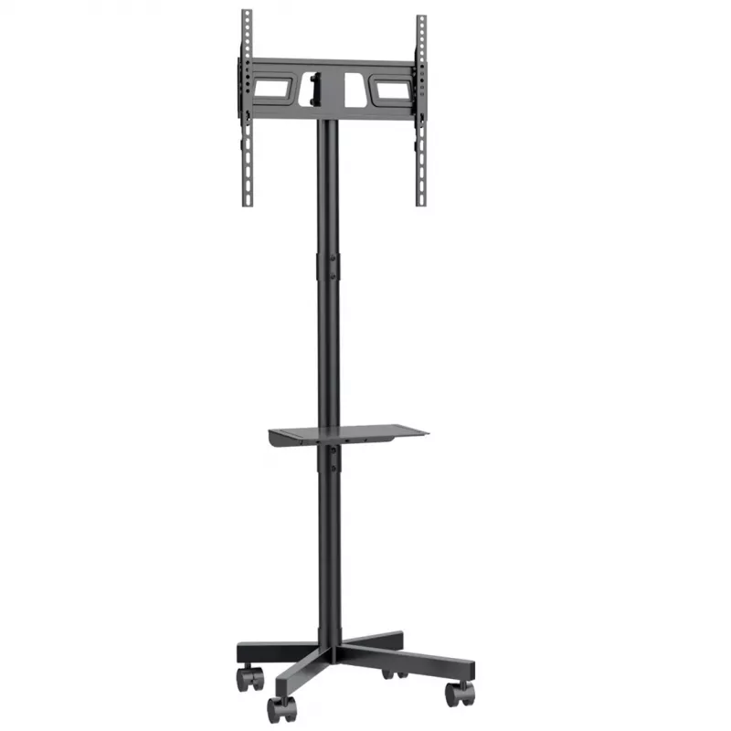 Maclean MC-949 judamas televizoriaus vežimėlis-stovas 32–55 colių, VESA 75×75–400×400, iki 25 kg, aukštis 149,5–154,5 cm, pakreipimas +5°, ratukai, lentynėlė, juodas