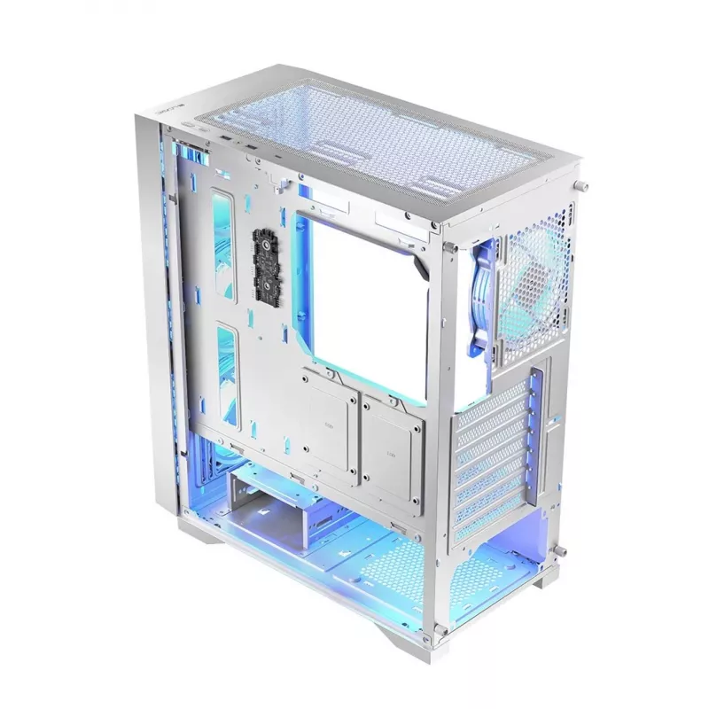 PC korpusas LOGIC Dart Pro Midi ARGB baltas — Midi Tower, ATX, 456×200×385 mm, max GPU 34 cm, CPU aušintuvo aukštis 155 mm, 3x120mm priekyje + 1x120mm gale, USB 3.0 x2, USB-C x1