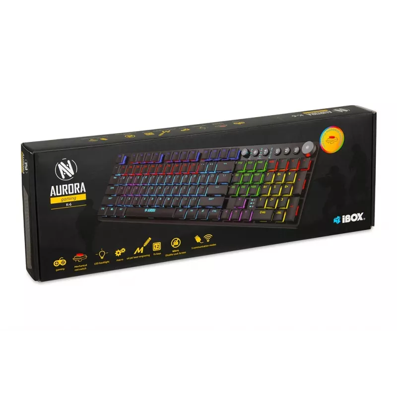 Klaviatūra IBOX AURORA K-6 – Pilno dydžio QWERTY, RF belaidė + Bluetooth, RGB apšvietimas, Mechaniniai žemo profilio klavišai, Juoda