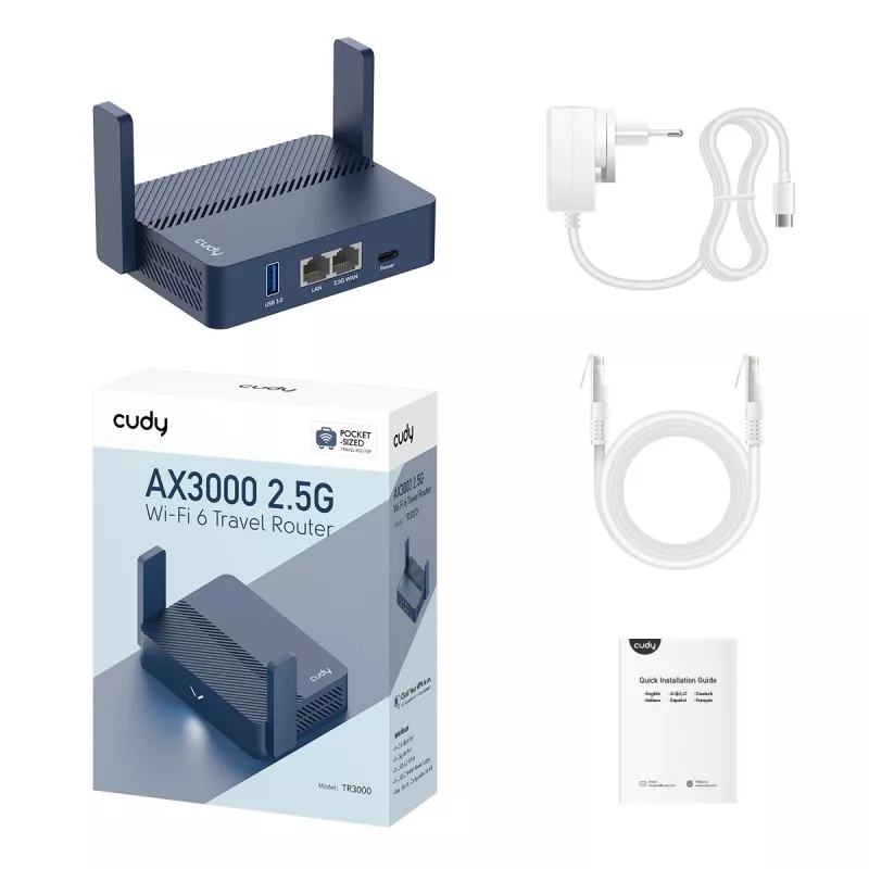 Nešiojamasis maršrutizatorius Cudy TR3000 AX3000 Wi‑Fi 6, Gigabit Ethernet WAN/LAN, USB-A, išorinės antenos, mėlynas