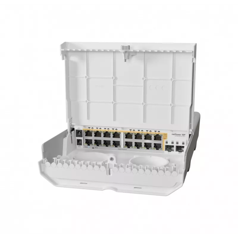 MikroTik netPower 16P jungiklis – 16 Gigabit Ethernet prievadų su PoE ir 2 SFP+ 10G prievadais, lauko naudojimui