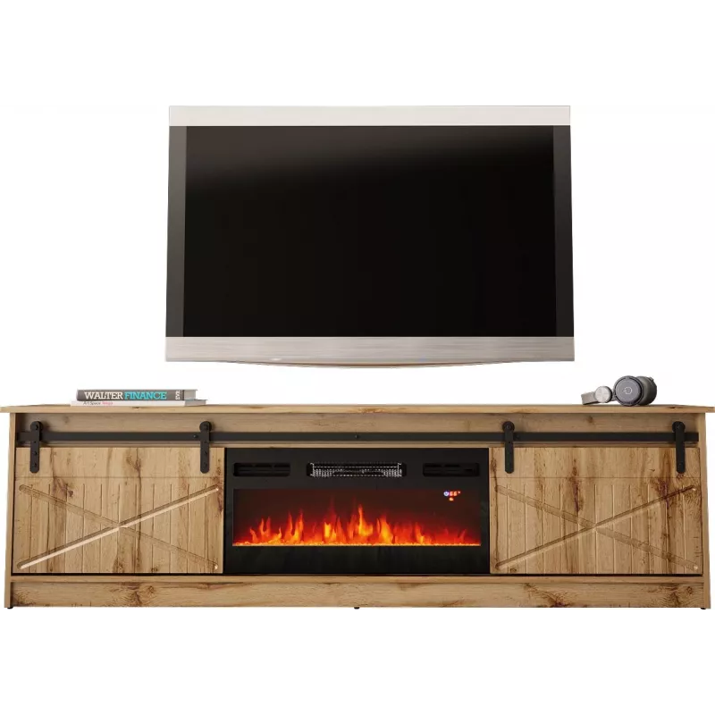 TV spintelė Cama Meble GRANERO su židinio moduliu, Wotan ąžuolas, 2000×350×567 mm, 2 durelės, 2 lentynos