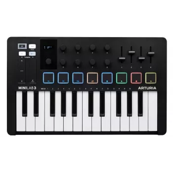 MIDI valdiklis ARTURIA MiniLab 3 – 25 klavišų kompaktiška USB klaviatūra su MIDI Out ir daugiaspalviais šviečiančiais pad'ais