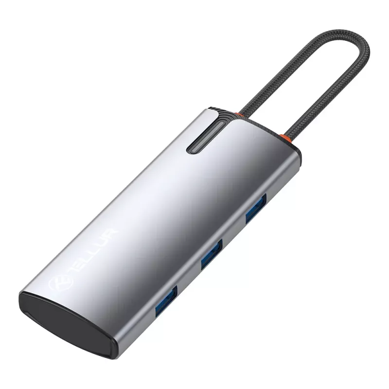 USB-C centrinis įrenginys Tellur TLL321061 su PD 3.0 100W, HDMI išėjimu ir 3× USB 3.0 prievadais