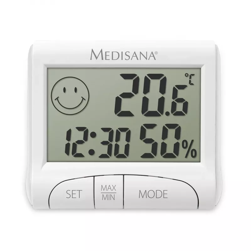 Vidinis elektroninis higrometras Medisana HG 100 – skaitmeninis termometras, drėgmė 20–90 %, temperatūra -10–50 °C, stalinis ekranas, baterija AAA
