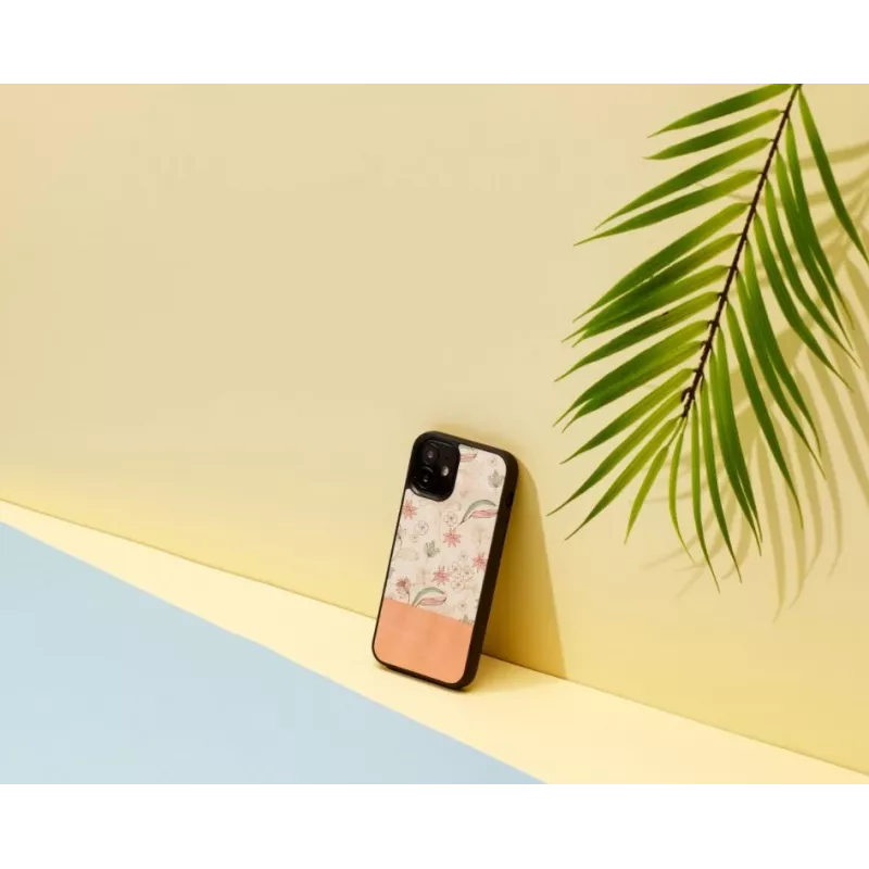 Apsauginis dėklas Man and Wood iPhone 12 mini – rožinė gėlė ant juodo
