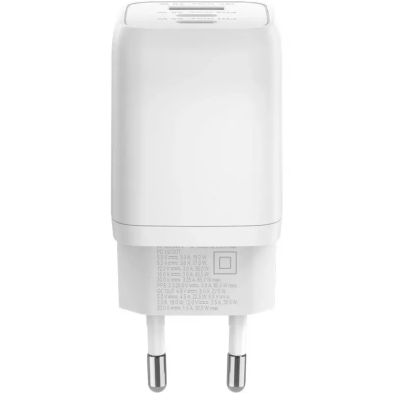 USB-C greitasis įkroviklis Nano, PD, GaN, 65 W (baltas, 1x USB-A, 2x USB-C PD, Charge 3.0)