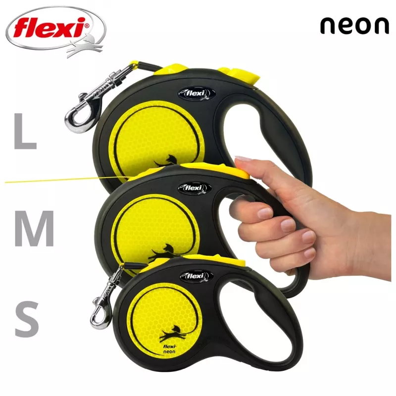 Flexi New NEON atsitraukiamas pavadėlis 5 m - juostinis, mažiems šunims iki 15 kg, juoda/geltona