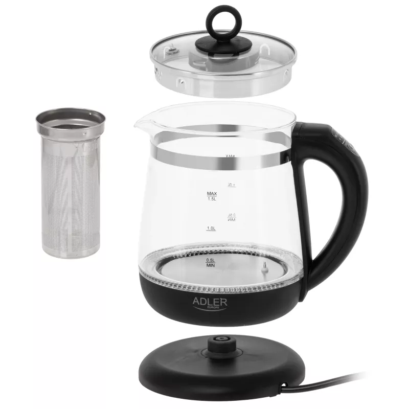 Adler virdulys AD 1299 | 2200 W | 1,5 L | Stiklinis | 360° pagrindas | Juodas