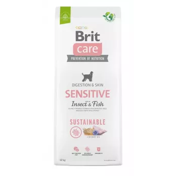 Sausas šunų ėdalas Brit Care Sustainable Sensitive Insect & Fish 12 kg — suaugusiems, baltos žuvies skonio, 25% baltymų, 13% riebalų, hipoalerginis