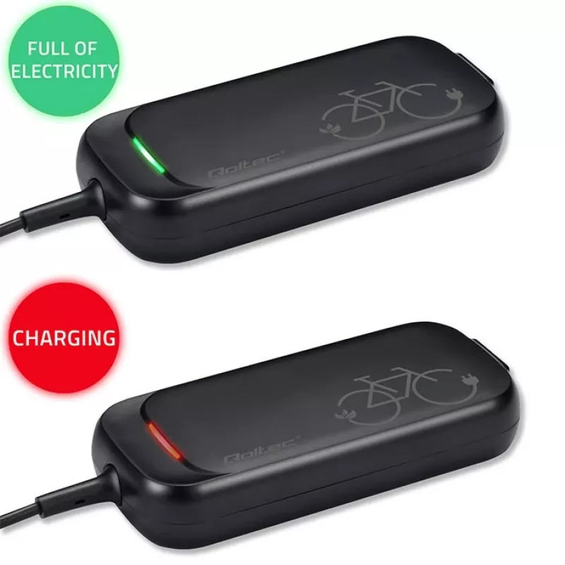 Qoltec greitasis įkroviklis 36V elektriniam paspirtukui ir dviračiui | 42V | 2A | 5,5*2,5 | atsparus vandeniui + maitinimo laidas