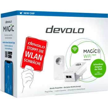 devolo Magic 2 WiFi next Powerline Starter Rinkinys: 1x devolo Magic 2 WiFi next adapteris, 1x devolo Magic 2 LAN adapteris