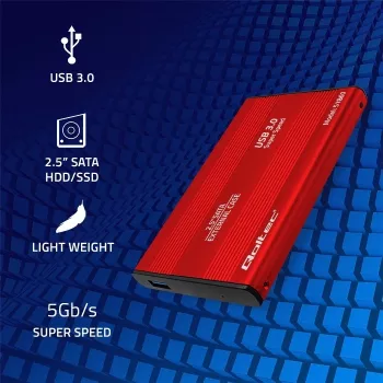 Išorinis HDD/SSD dėklas QOLTEC 51860 2,5 colio SATA III diskams, USB Type-A, 5 Gbit/s, aliuminis, raudonas