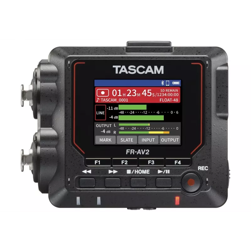 Nešiojamas garso įrašymo įrenginys Tascam FR2-AV — 2 takeliai, 2 XLR kombinuotos įvestys, USB-C sąsaja, 48–192 kHz, 24/32 bitai, microSD iki 512 GB