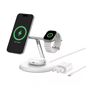 Belkin BoostCharge Pro 3 viename belaidžio krovimo stovas su Qi2, baltas (WIZ023VFWH)