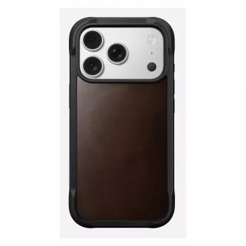 Mobilaus telefono dėklas Nomad Rugged Leather Case, skirtas iPhone 17 Pro, 6,3 colio (16 cm), ruda spalva, oda/TPU/aliuminis