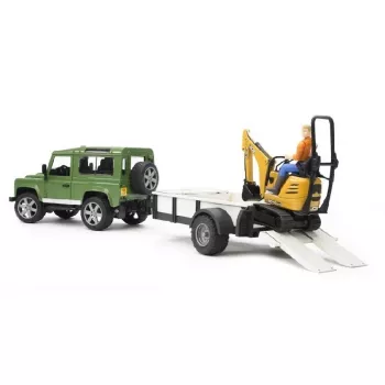 Žaislinis automobilis BRUDER Land Rover Defender su priekaba ir ekskavatoriumi JCB 8010 CTS