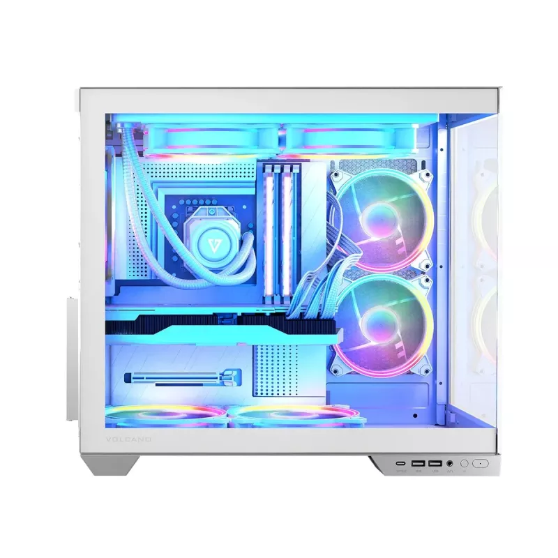 PC korpusas MODECOM Volcano Panorama Midi Tower baltas – micro ATX, grūdintas stiklas, ARGB, USB-C, palaiko GPU iki 400 mm