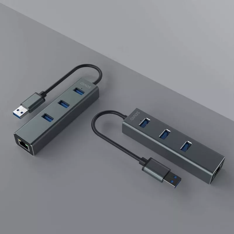 SAVIO USB-A stotelė su RJ-45 Gigabit Ethernet AK-57 — 3× USB-A + RJ-45, USB 3.2 Gen 1 Micro‑B pagrindinis, 5 Gbit/s, 4 prievadai, pilka