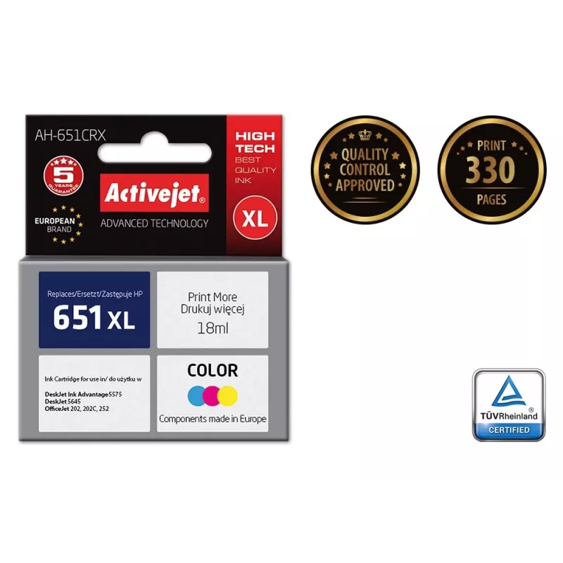 Activejet AH-651CRX rašalo kasetė (HP 651 C2P11AE atitikmuo; Premium; 18 ml; spalvota)