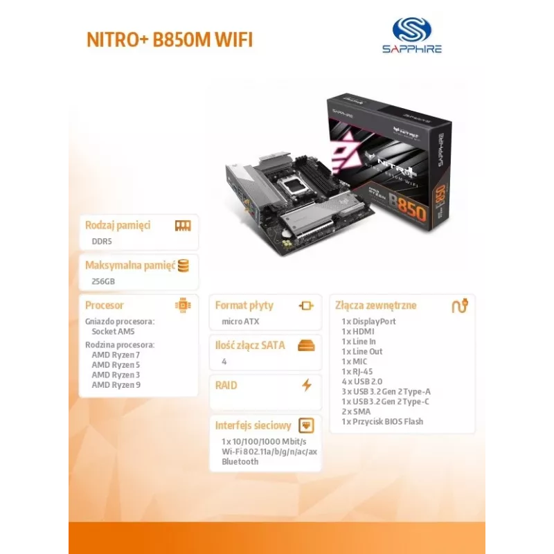 Motininė plokštė Sapphire NITRO+ B850M WIFI — AMD B850, Socket AM5, micro ATX, DDR5, 4x DIMM, Wi‑Fi 6, 2.5Gb LAN, 2x M.2